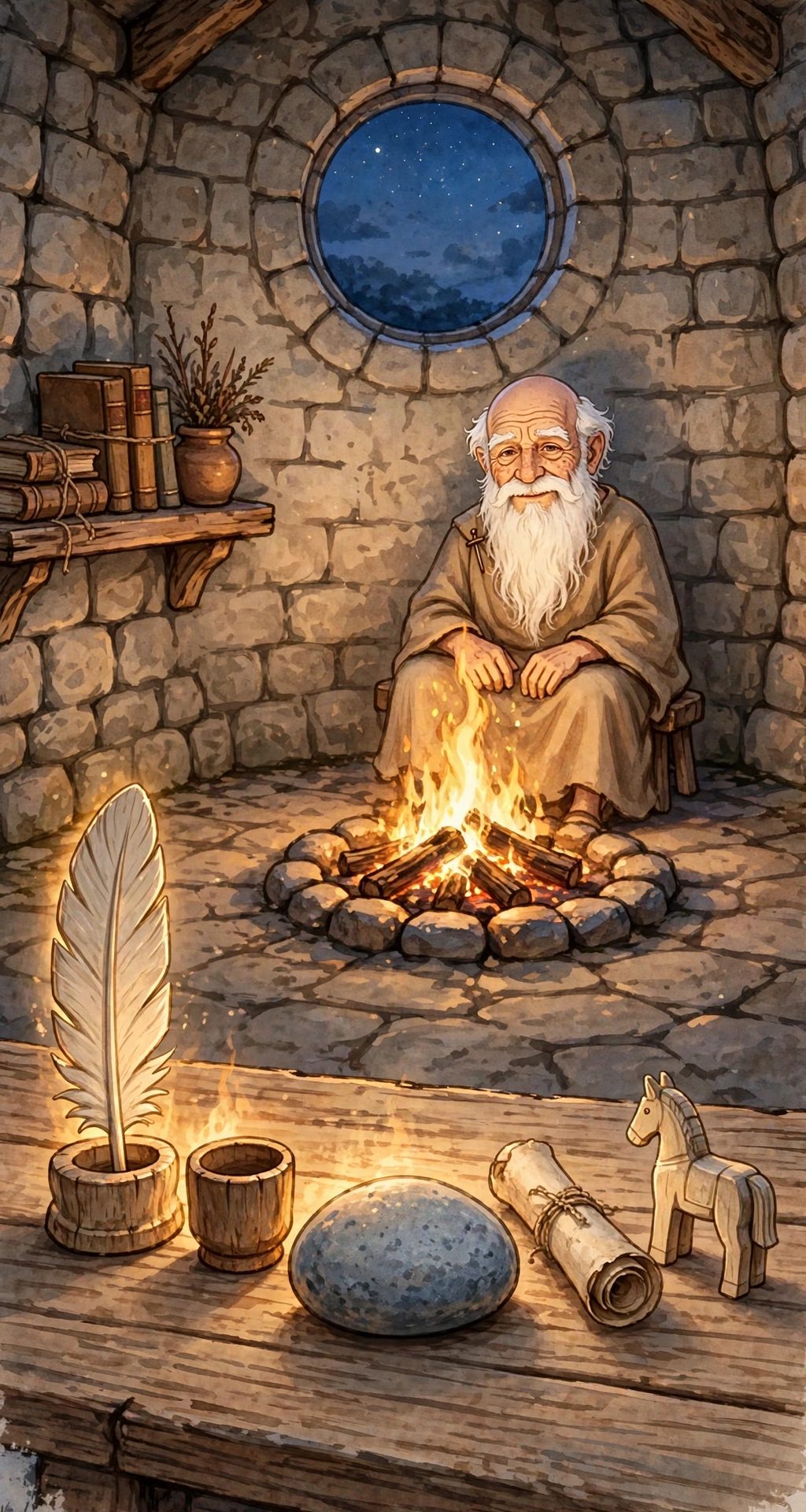 Old Roman the Keeper, bald-crowned with white hair at the sides and a long white beard, seated across a fire in his round stone room; on the table before you, big in the firelight, a carved feather standing upright, a little wooden cup, a river stone, a rolled map and a tiny wooden horse